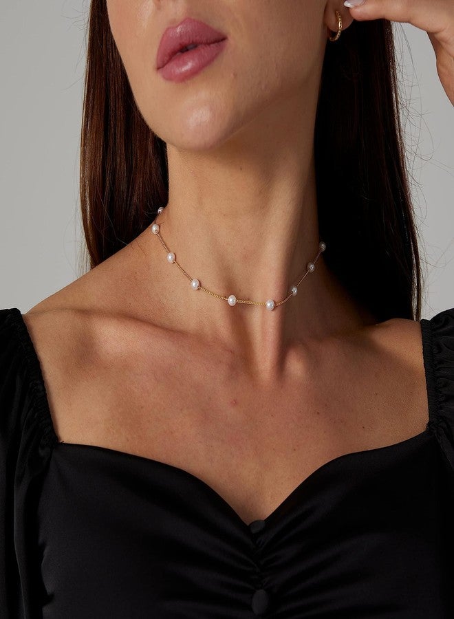 Kyerlyn Gold Choker,Dainty Pearl Pendant Necklace for Women 14k Gold Plated Barque Chain Necklace Handmade Cultured with Freshwater Pearl Everyday Jewelry for Gifts - Image 4
